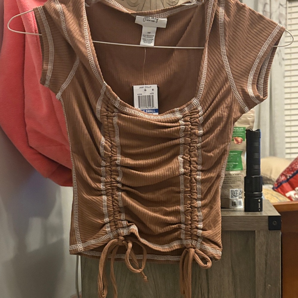 #162 Just Polly Light Brown Ruched Crop Top with white accents W sz xs NWT